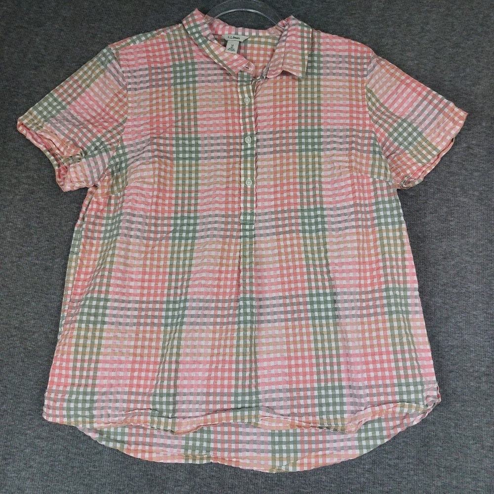 L.L. BEAN WOMENS PINK GREEN GINGHAM SHORT SLEEVE HALF BUTTON UP COTTON TOP M